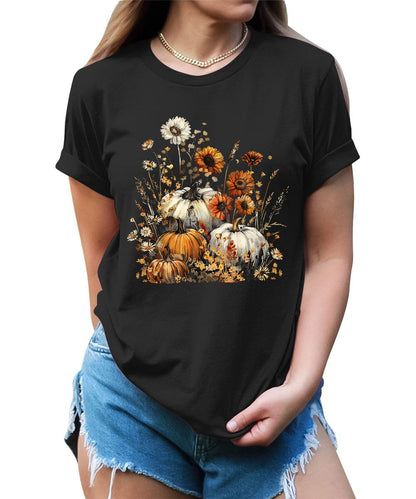 Fall Wildflower Pumpkin Graphic Tees For Women