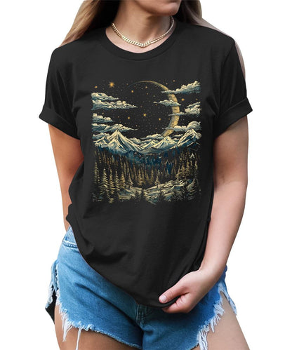 Women's Crescent Moon Night Hiking Camping Forest Graphic Tees