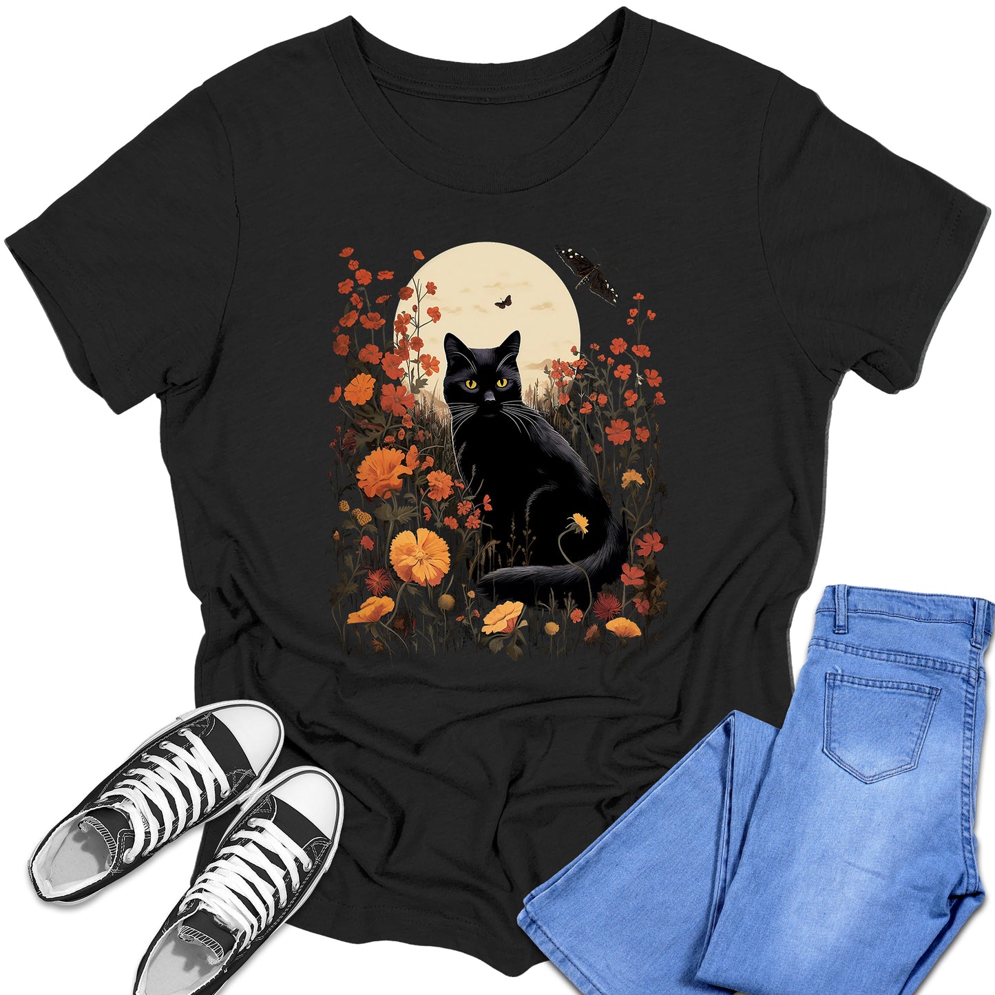 Girl's Short Sleeve Graphic Tees Cute Black Cat Moon Shirt Back To School Fall Tops