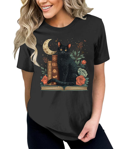 Women's Funny Bookworm Black Cat Graphic Tees