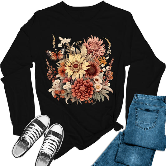 Women's Fall Flowers Long Sleeve Graphic Tees