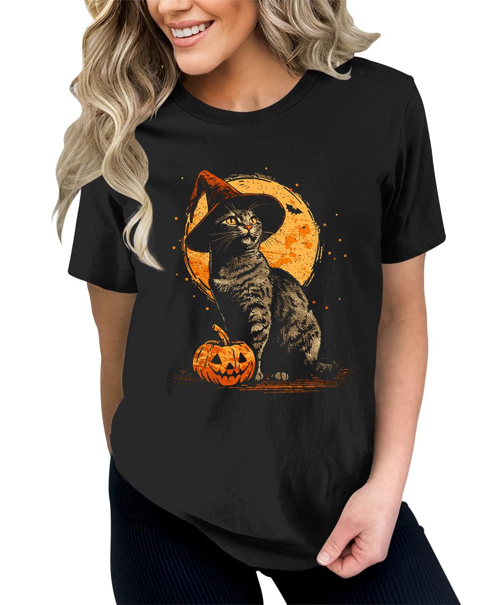 Witch Cat Pumpkin Graphic Tees For Women