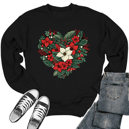 Women's Poinsetta Christmas Heart Crewneck Sweatshirt