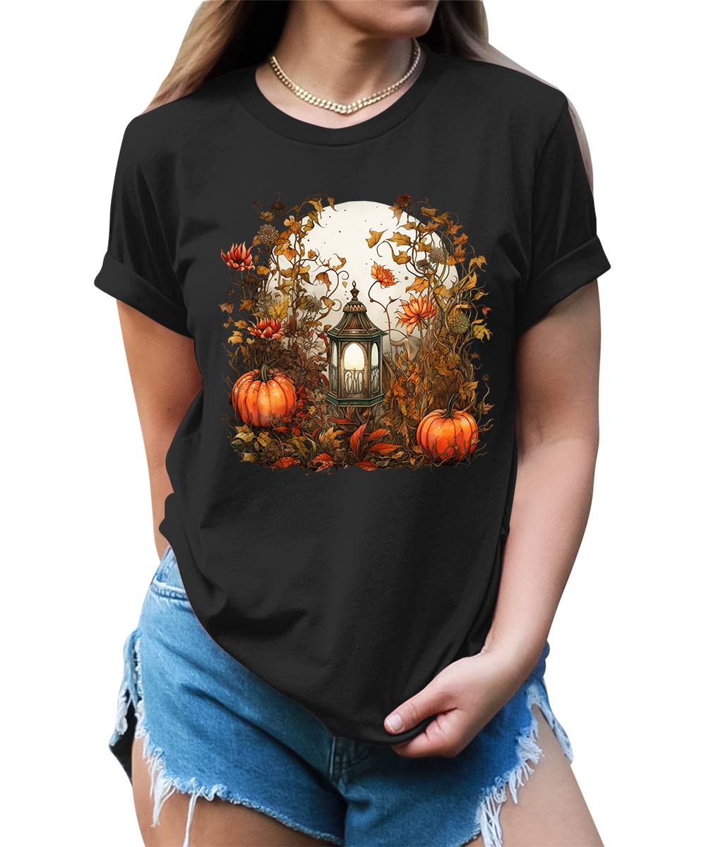 Moon Lantern Fall Floral Pumpkin Graphic Tees for Women