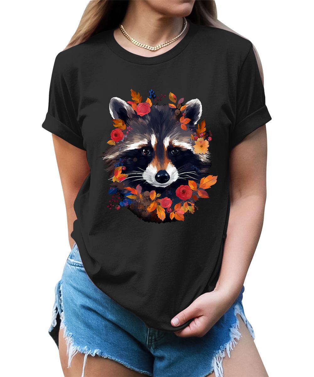 Fall Raccoon Face Flowers Graphic Tees For Women