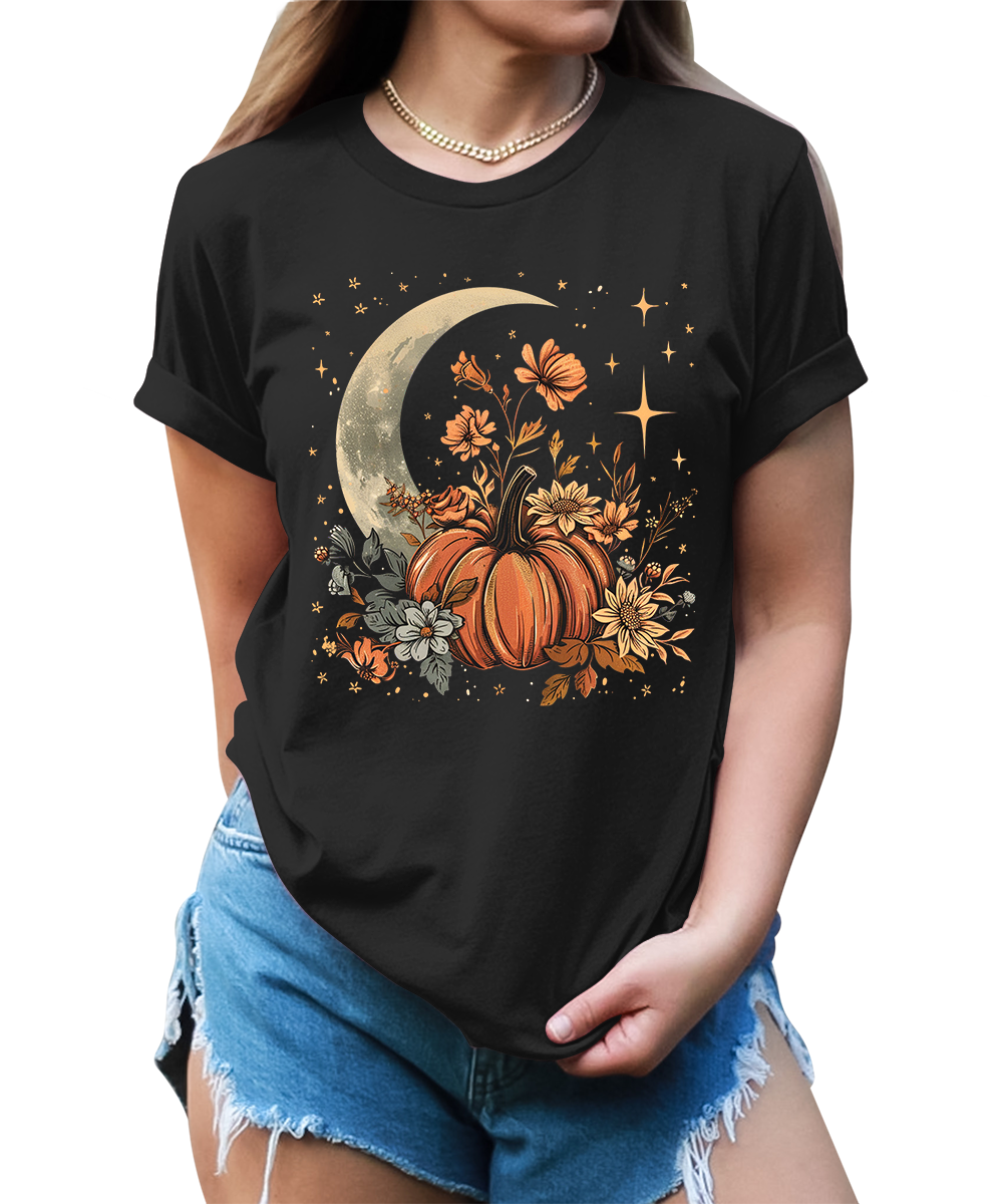 Fall Floral Pumpkin Moon Stars Graphic Tees for Women