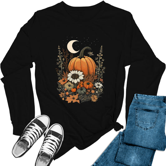 Women's Fall Floral Pumpkin Long Sleeve Graphic Tees