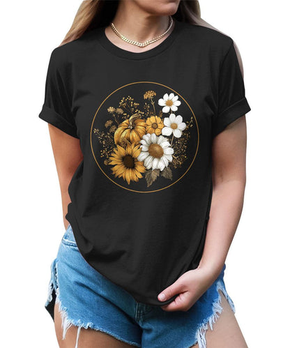 Women's Fall Vintage Pumpkin T Shirt Floral Graphic Tees Plus Size Tops