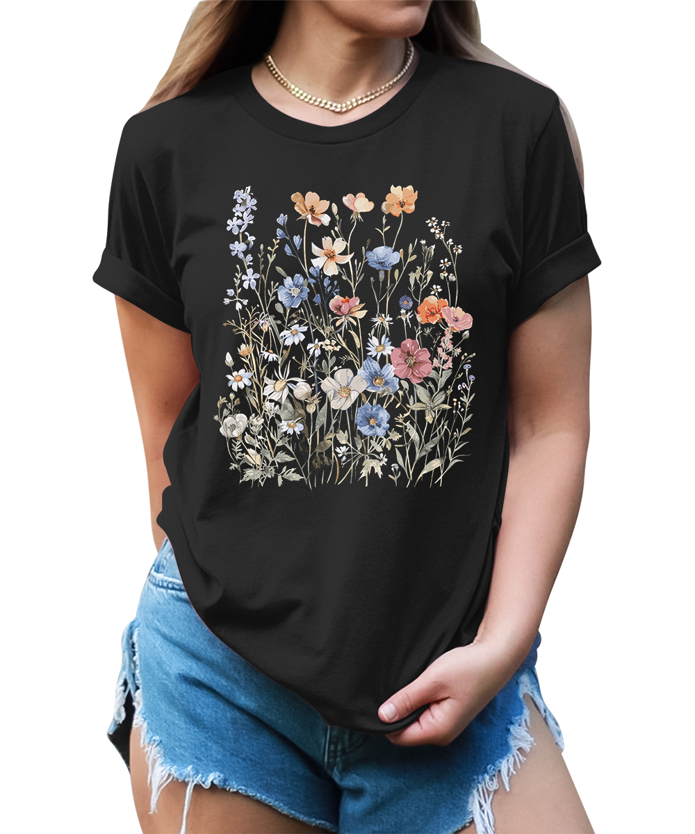 Women's Vintage Floral T Shirt Boho Wildflower Graphic Short Sleeve Tops