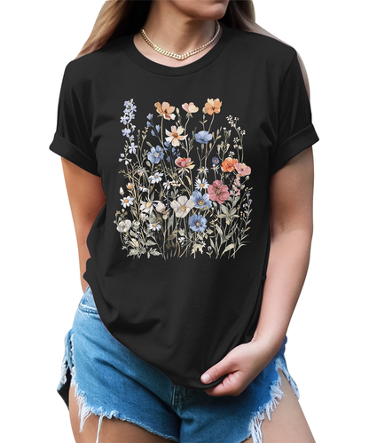 Women's Vintage Floral T Shirt Boho Wildflower Graphic Short Sleeve Tops