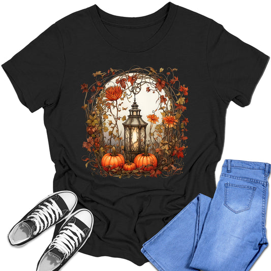 Girl's Short Sleeve Graphic Tees Cute Floral Lantern Pumpkin Shirt Back To School Fall Tops