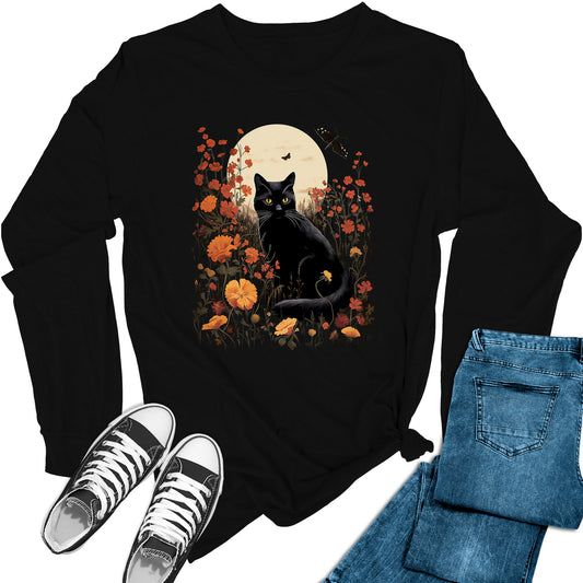 Women's Fall Cat Moon Long Sleeve Graphic Tees