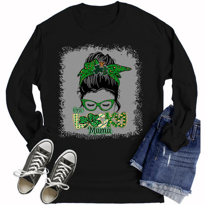 One Lucky Mama Top St Patricks Day Shirt Womens Long Sleeve Bleach Print Graphic Tees