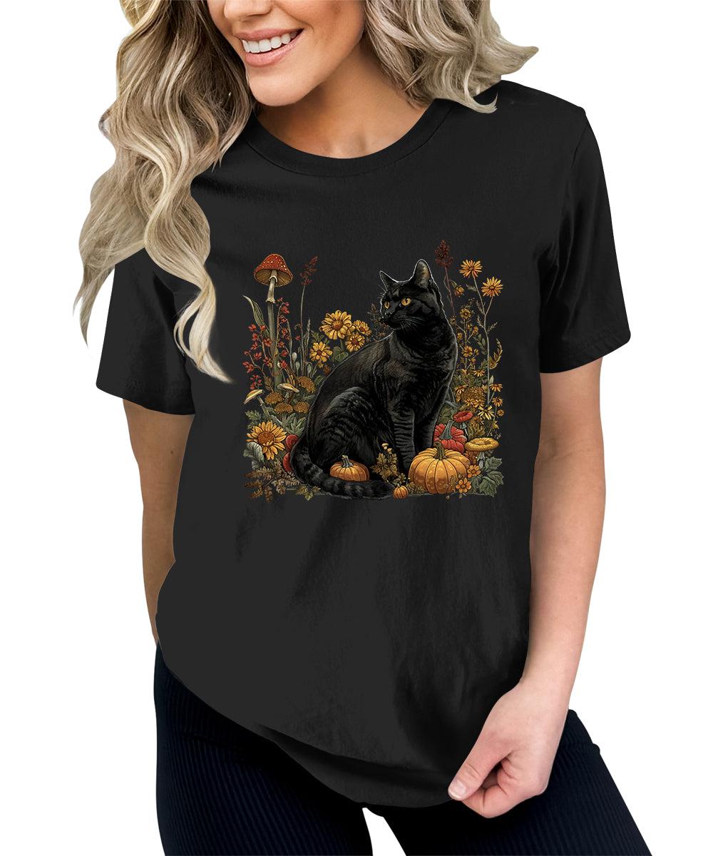 Fall Black Cat Graphic Tees For Women