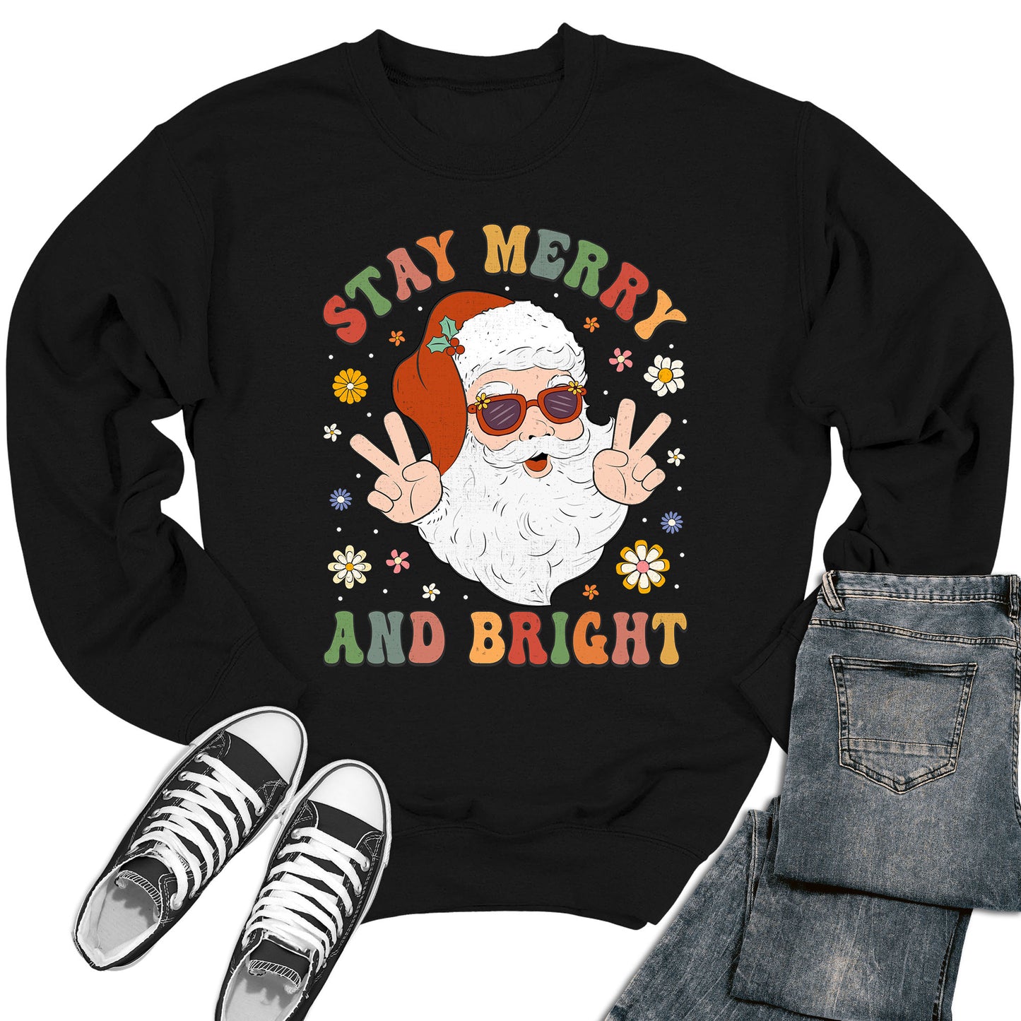 Women's Stay Merry and Bright Groovy Santa Crewneck Sweatshirt