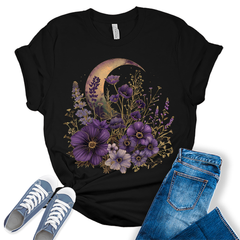 Cottagecore Shirt Crescent Moon T Shirt Vintage Purple Wildflower Graphic Tees for Women