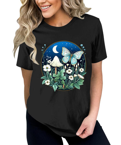 Trendy Butterfly Mushroom Moon Flowers Graphic Tees For Women