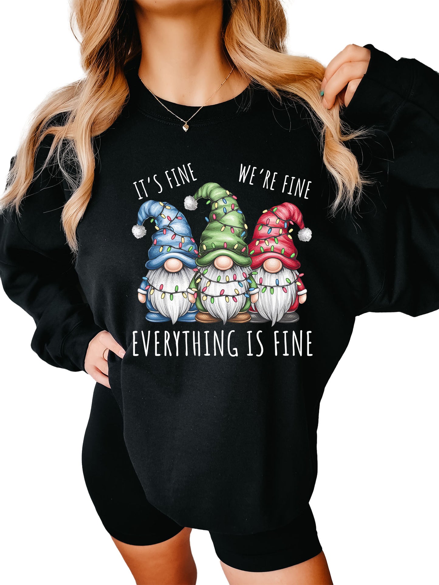 Women's It's Fine We're Fine Christmas Gnomes Crewneck Sweatshirt