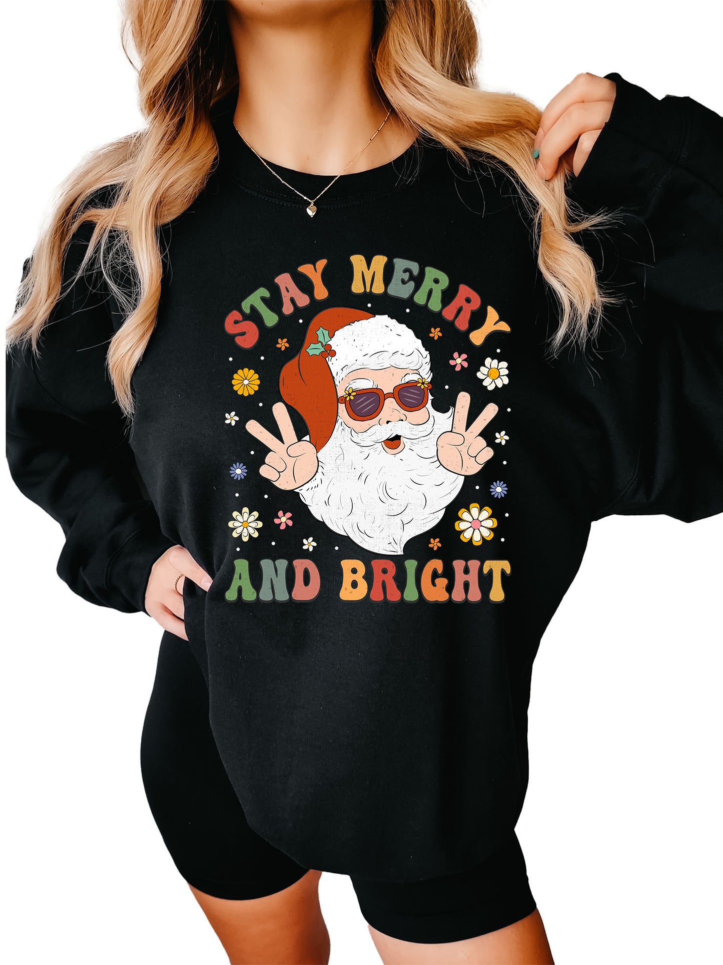 Women's Stay Merry and Bright Groovy Santa Crewneck Sweatshirt