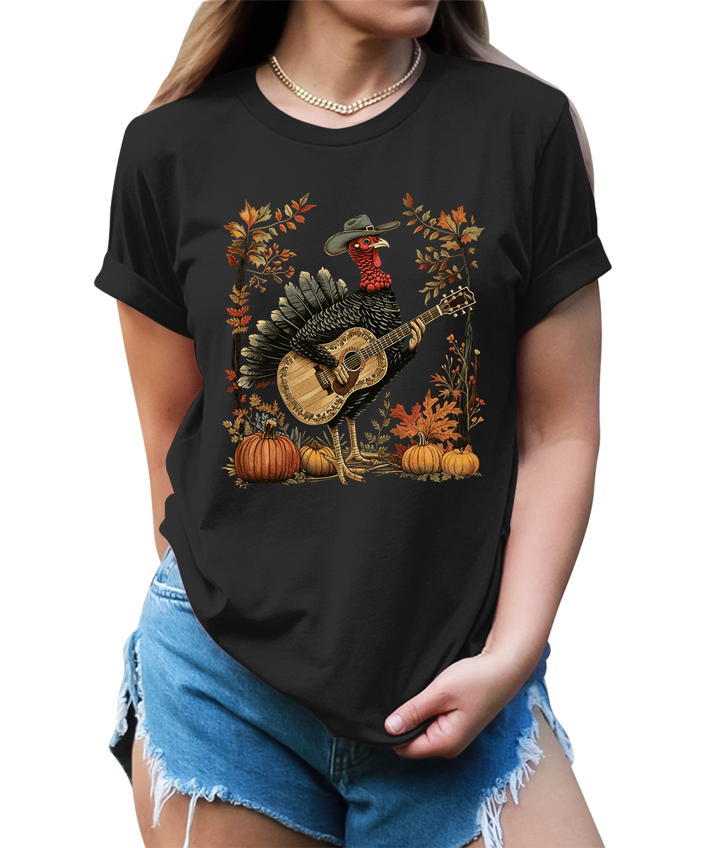 Turkey Playing Guitar Shirt Women Thanksgiving Graphic Tees