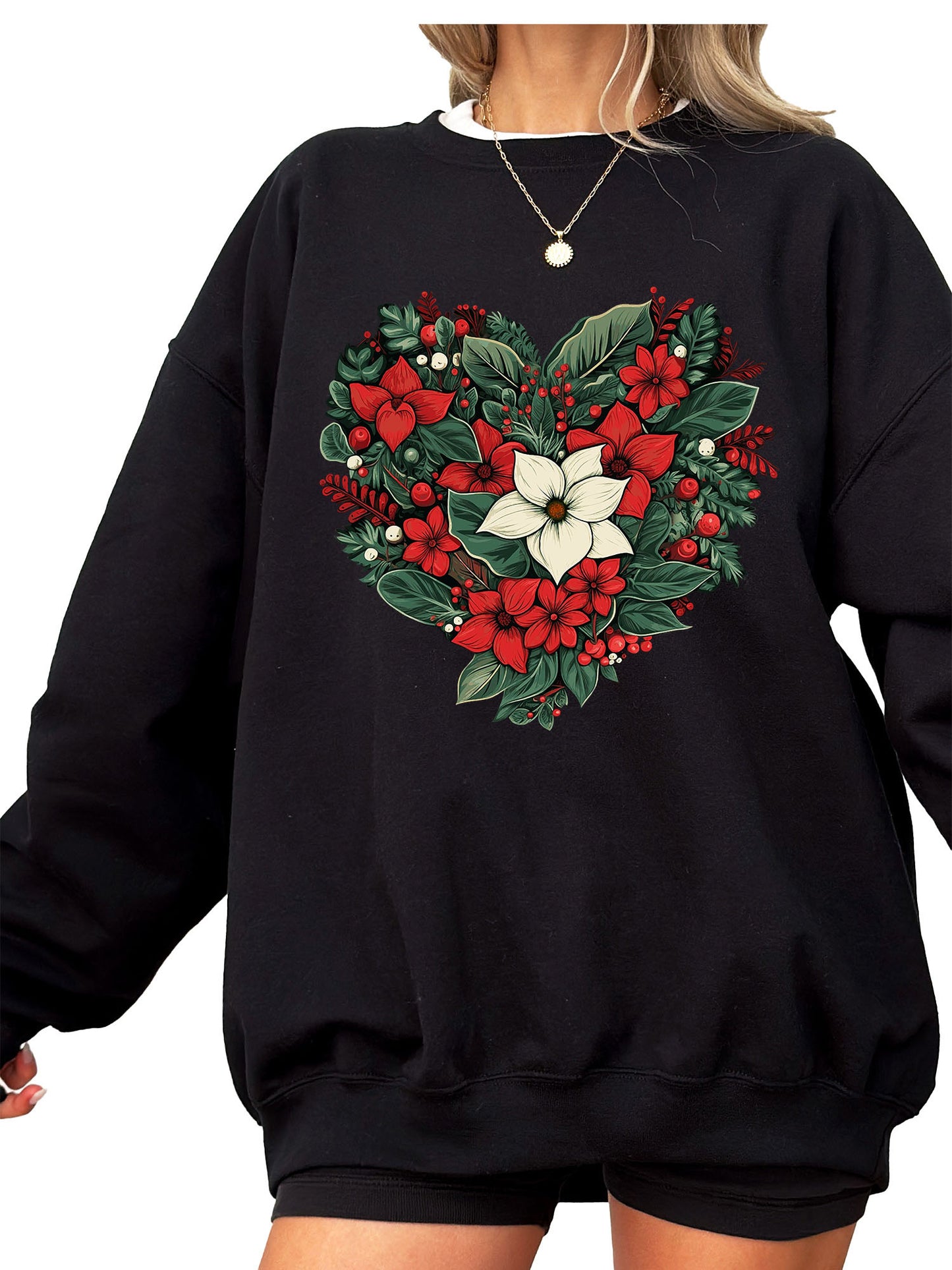 Women's Poinsetta Christmas Heart Crewneck Sweatshirt