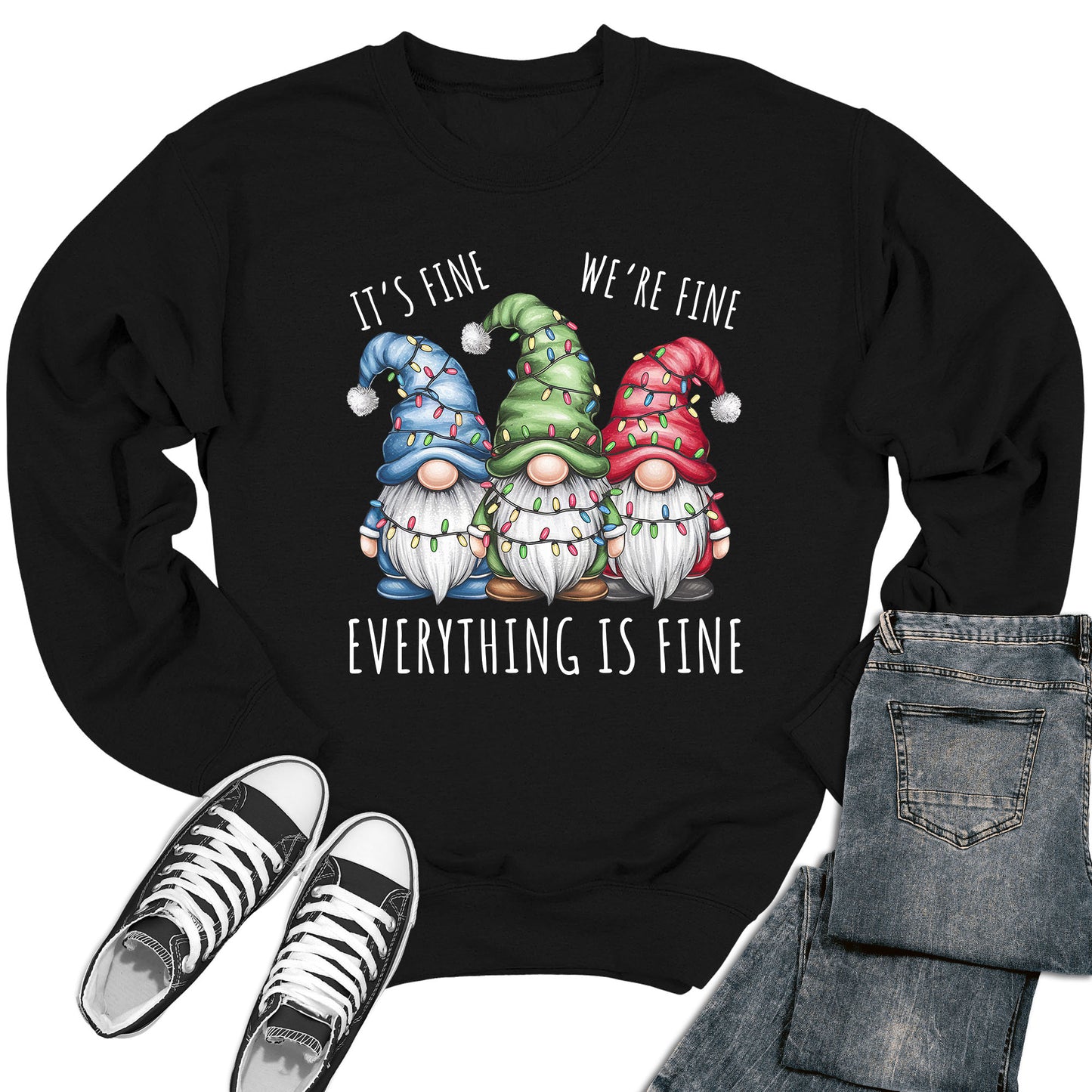 Women's It's Fine We're Fine Christmas Gnomes Crewneck Sweatshirt