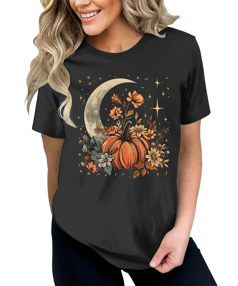 Fall Floral Pumpkin Moon Stars Graphic Tees for Women