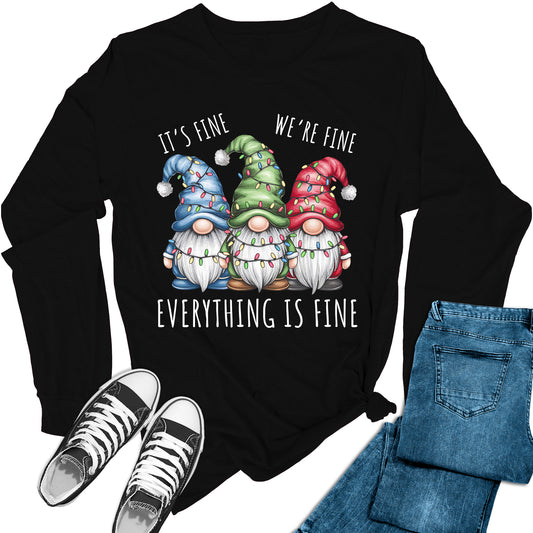 Women's We're Fine Everything Is Fine Christmas Gnomes Holiday Long Sleeve Graphic Tees