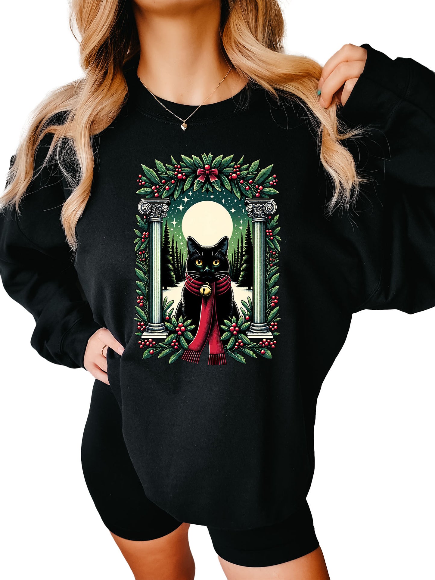 Women's Christmas Cat Red Scarf Crewneck Sweatshirt