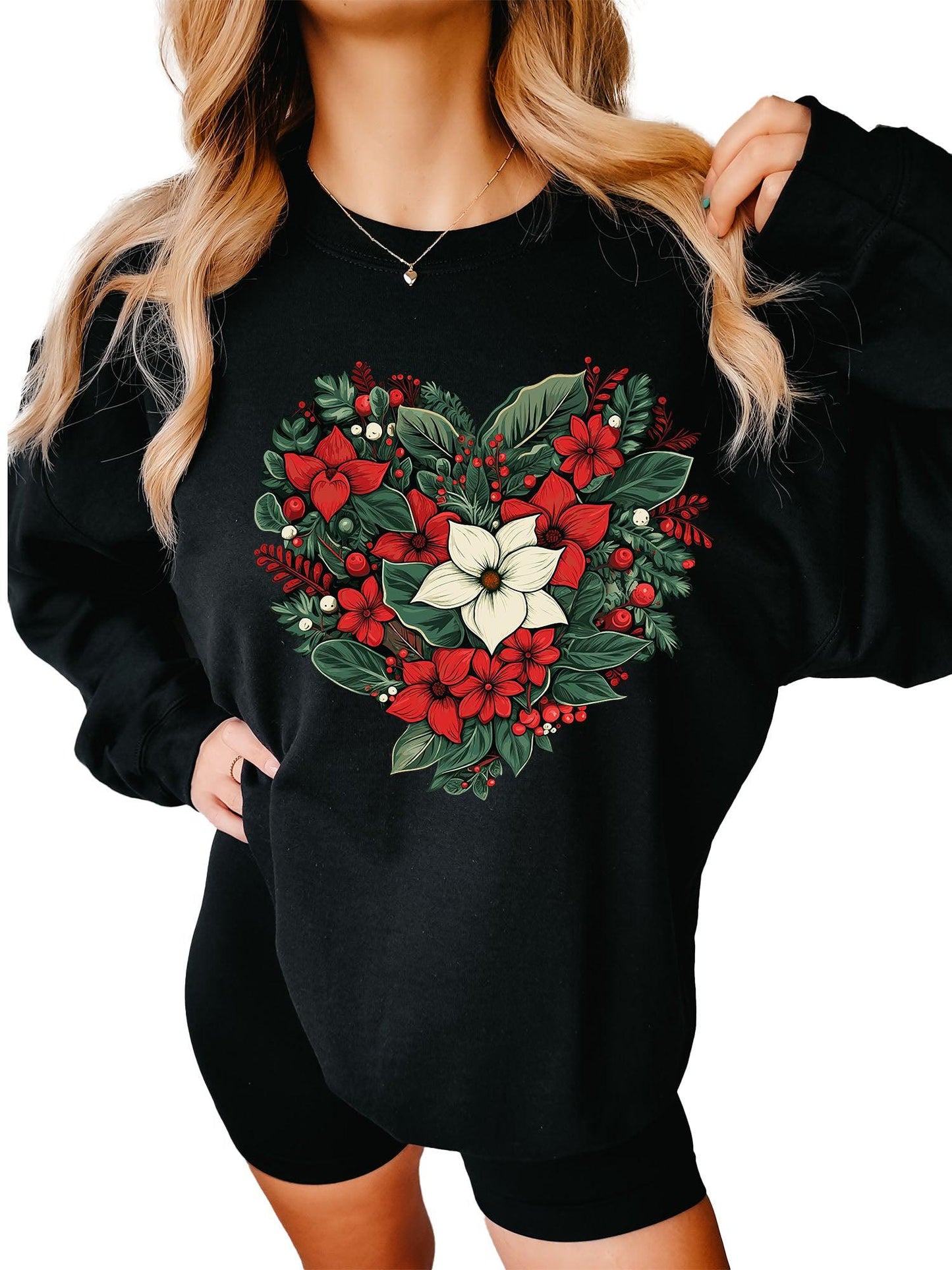 Women's Poinsetta Christmas Heart Crewneck Sweatshirt