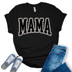 Mama Shirt Leopard Letter Print T Shirt Short Sleeve Graphic Tees for Women