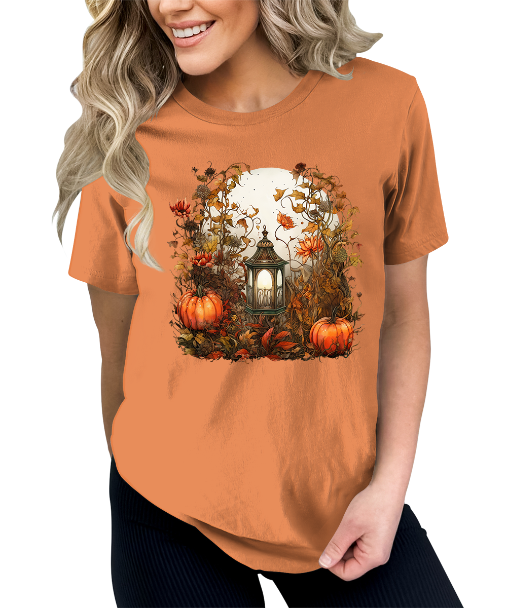 Moon Lantern Fall Floral Pumpkin Graphic Tees for Women