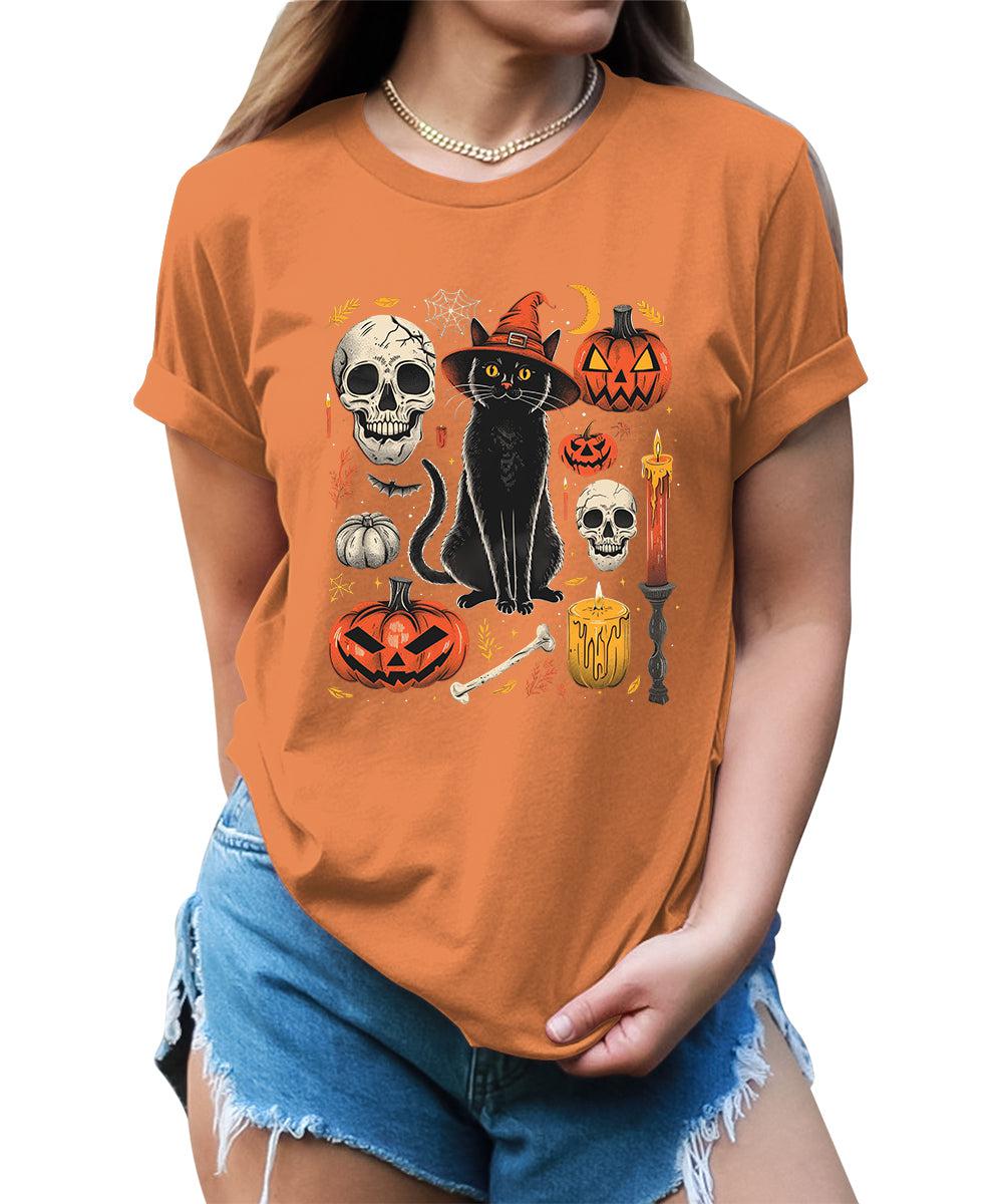 Scary Halloween Witch Cat Pumpkin Graphic Tees For Women