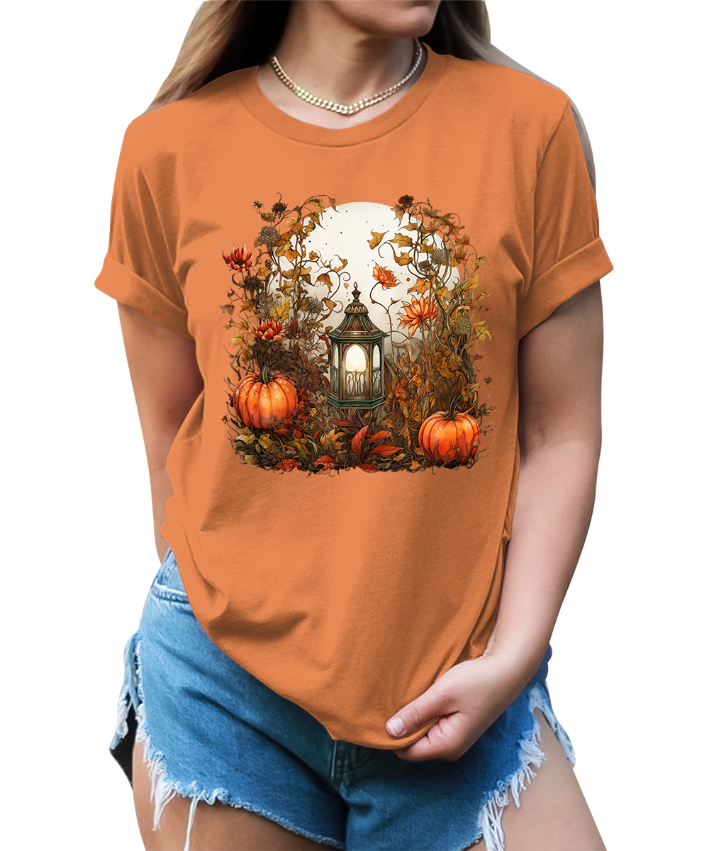 Moon Lantern Fall Floral Pumpkin Graphic Tees for Women