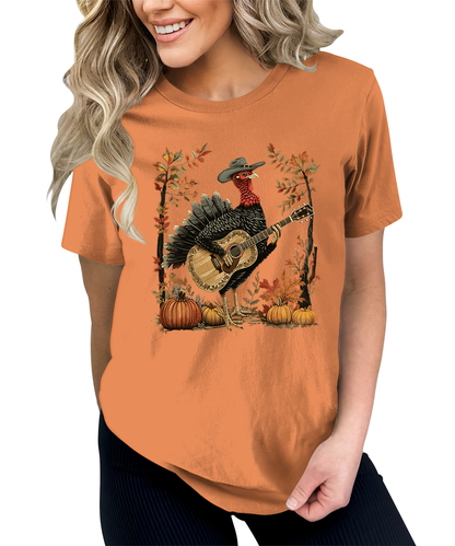 Turkey Playing Guitar Shirt Women Thanksgiving Graphic Tees