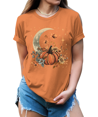 Fall Floral Pumpkin Moon Stars Graphic Tees for Women