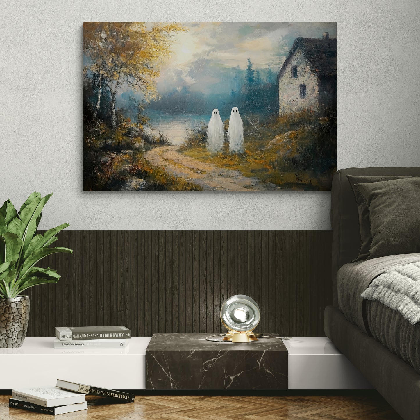 Vintage Halloween Ghost Wall Art ,Rustic Landscape Wall Decor, Cute Ghost Decor Wall Art, Aesthetic Halloween Wall Decor 1.5" Canvas Wrap