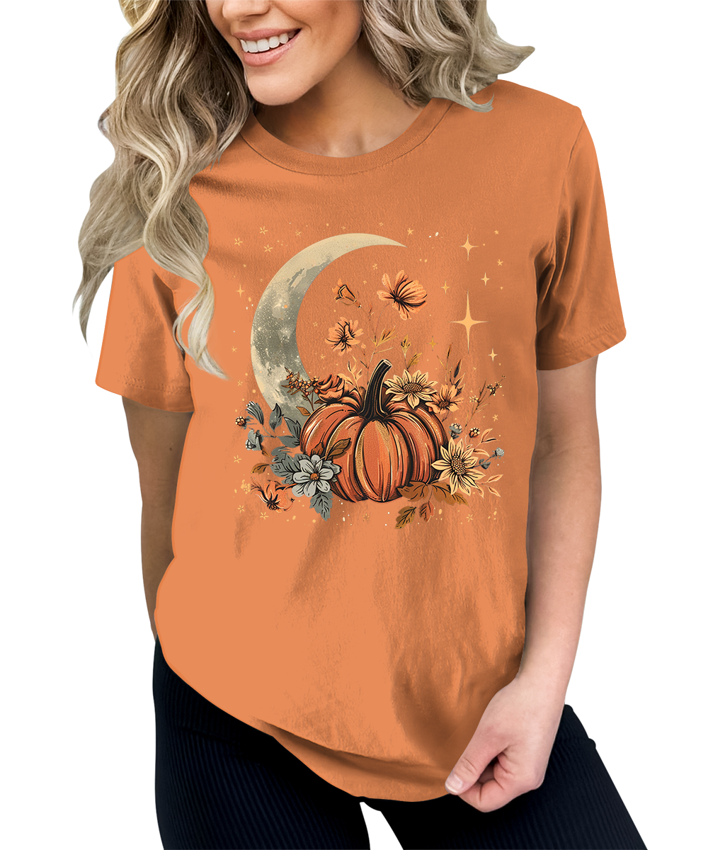 Fall Floral Pumpkin Moon Stars Graphic Tees for Women