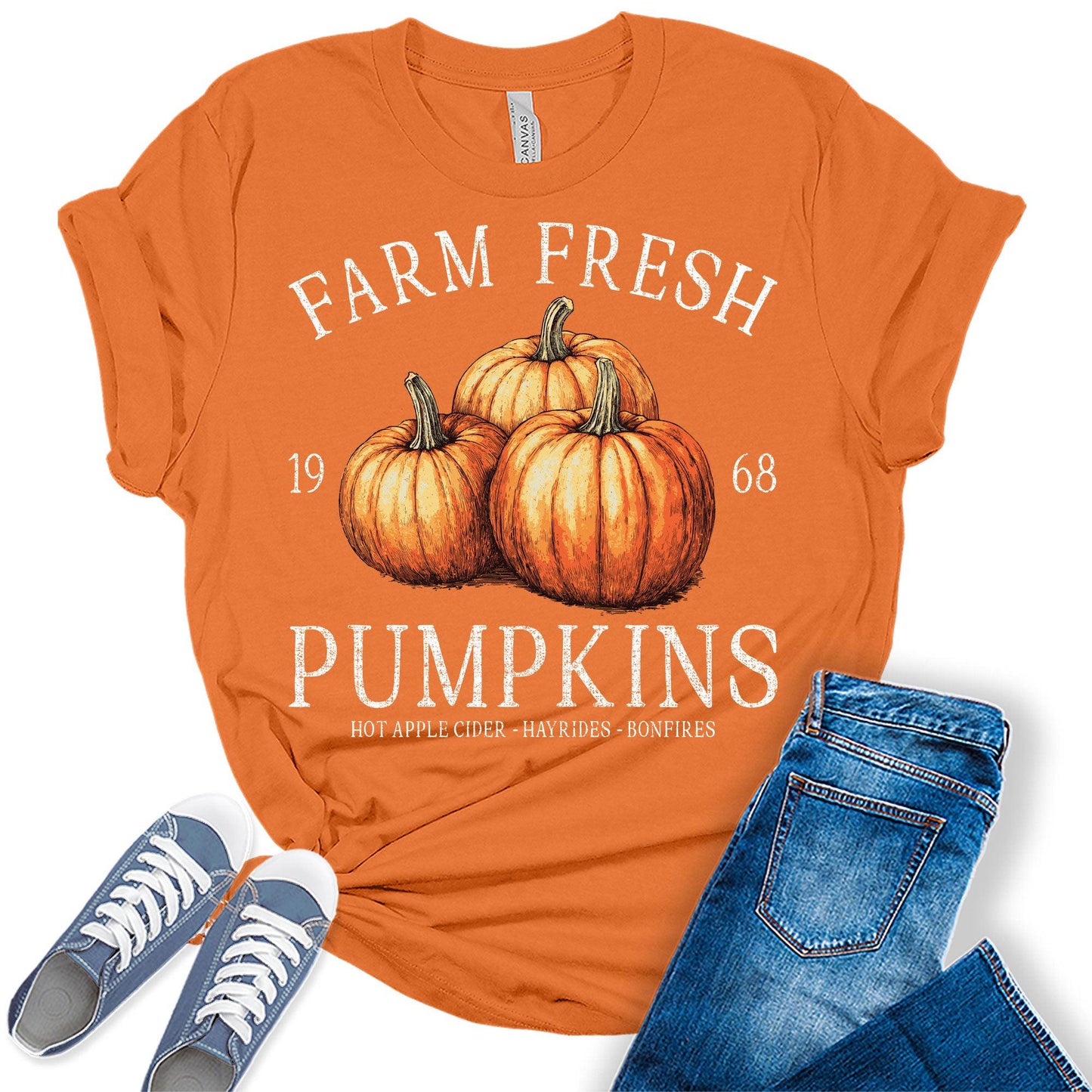 Womens Fall Tops Farm Fresh Pumpkins Shirt Vintage Thanksgiving Graphic Tees