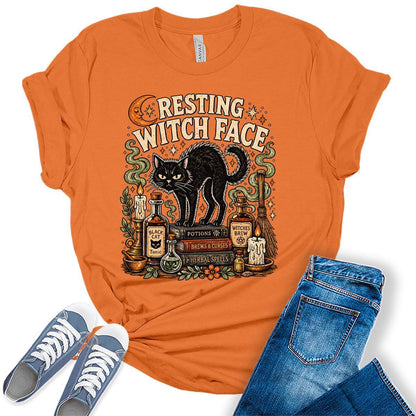 Women's Halloween Shirt Funny Cat Graphic Tees Resting Witch Face Short Sleeve Bella Fall Tops