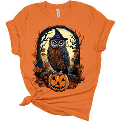 Womens Witchy Owl Halloween Graphic Tee Short Sleeve Fall T-Shirt