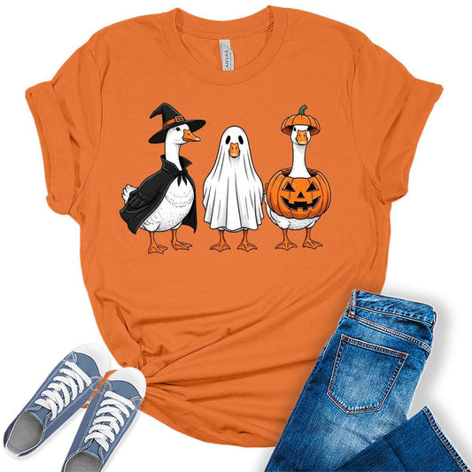 Goose Halloween Shirt Womens Funny Pumpkin Ghost Fall Cute Plus Size Vintage Graphic Tees