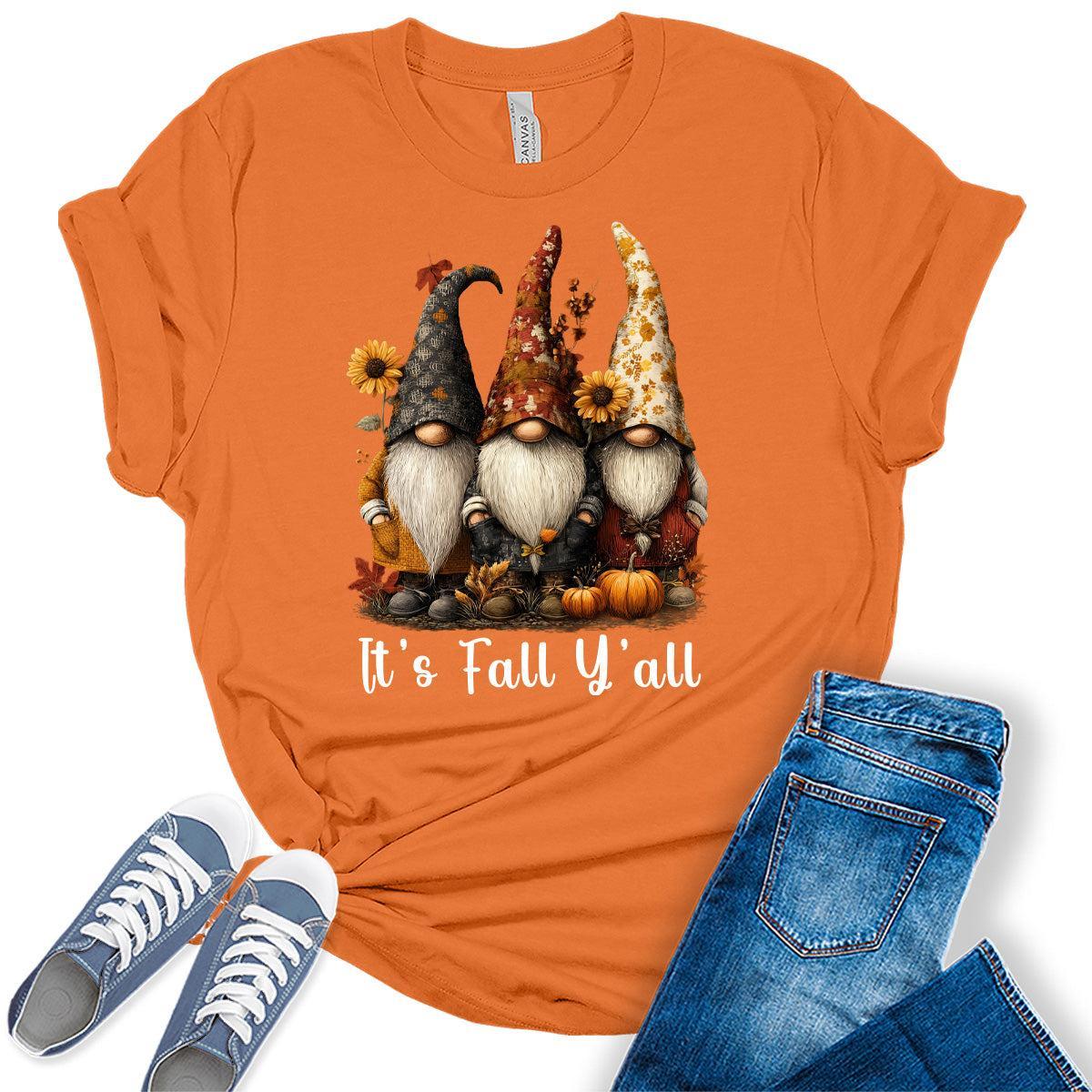 It's Fall Y'all Gnomes Shirts Women's Graphic Tees Autumn Vintage Boho T Shirts Bella Plus Size Tops