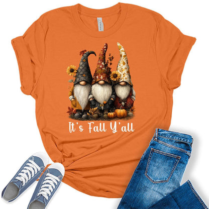 It's Fall Y'all Gnomes Shirts Women's Graphic Tees Autumn Vintage Boho T Shirts Bella Plus Size Tops