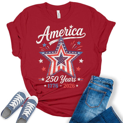 Women's 250th Anniversary USA Merchandise American Star Shirt 4th of July Vintage Patriotic Graphic Tees
