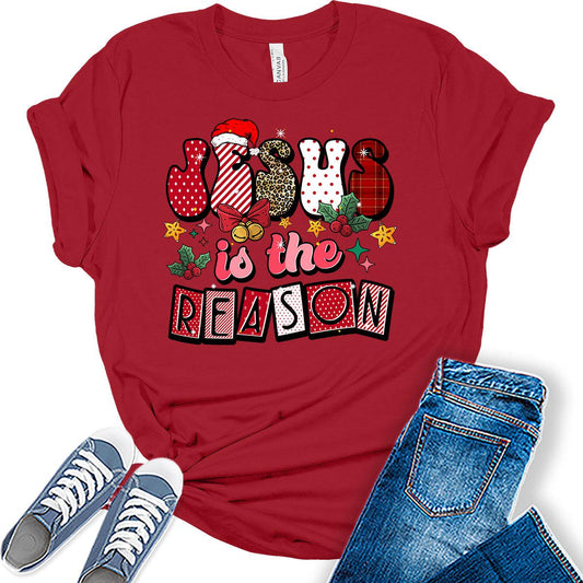 Jesus is The Reason for The Season Tshirt Groovy Christmas Shirts for Women