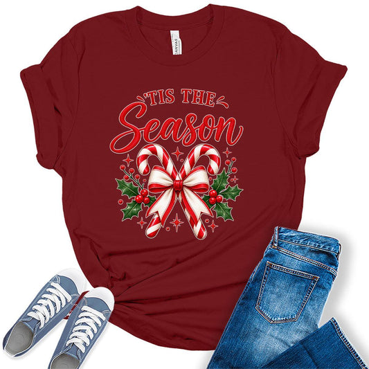 GyftWear Tis the Season Candy Cane Christmas Women's Graphic Tee Shirt