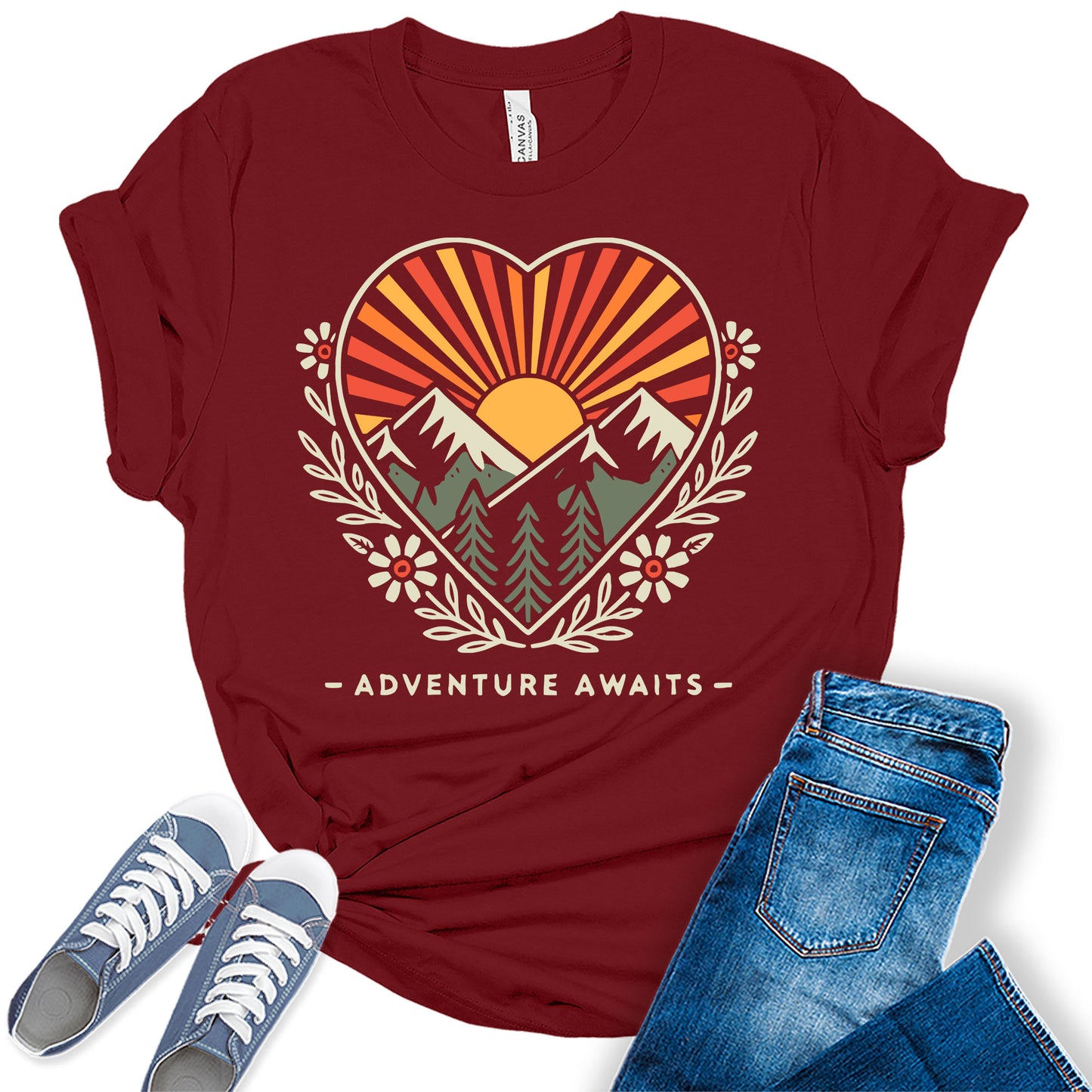 Women's Adventure Awaits Outdoor Graphic Tee Shirt Heart Printed Hike Mountain Nature Travel Workout Tops