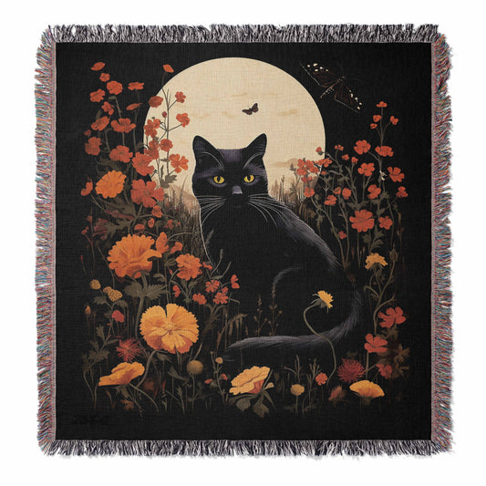 Black Cat Fall Floral Moon 50" x 60" Gift Woven Jacquard Blanket