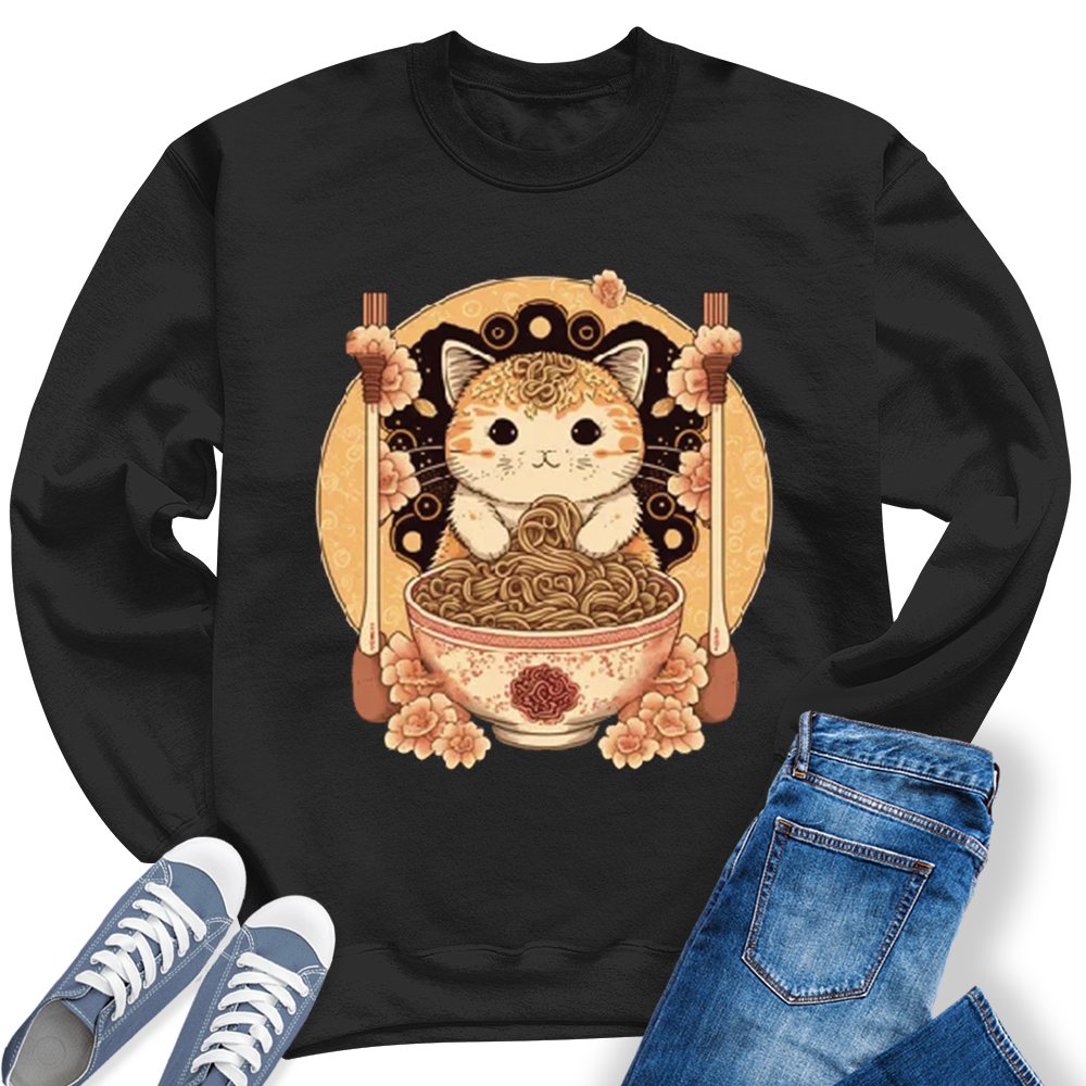 Ramen Cat Kawaii Anime Shirts Japanese Neko Women's Crewneck Sweatshirt